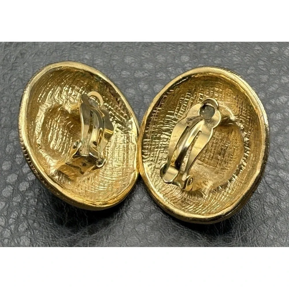 Vintage 80s Runway Black Enamel Faux Pearl Crystal Gold Tone Clip Earrings